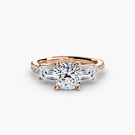 IMPERIAL II – Cushion Cut Three-Stone Pavé Ring Setting – Rose metal view | SARATTI