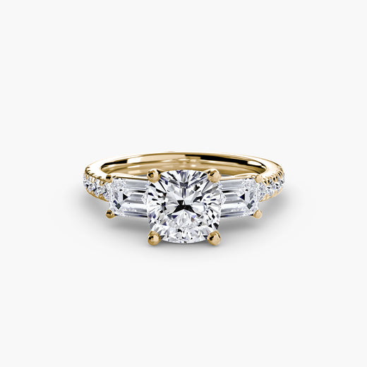 IMPERIAL II – Cushion Cut Three-Stone Pavé Ring Setting – Yellow metal view | SARATTI