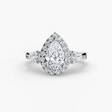 Pear halo three stone engagement ring setting | SARATTI