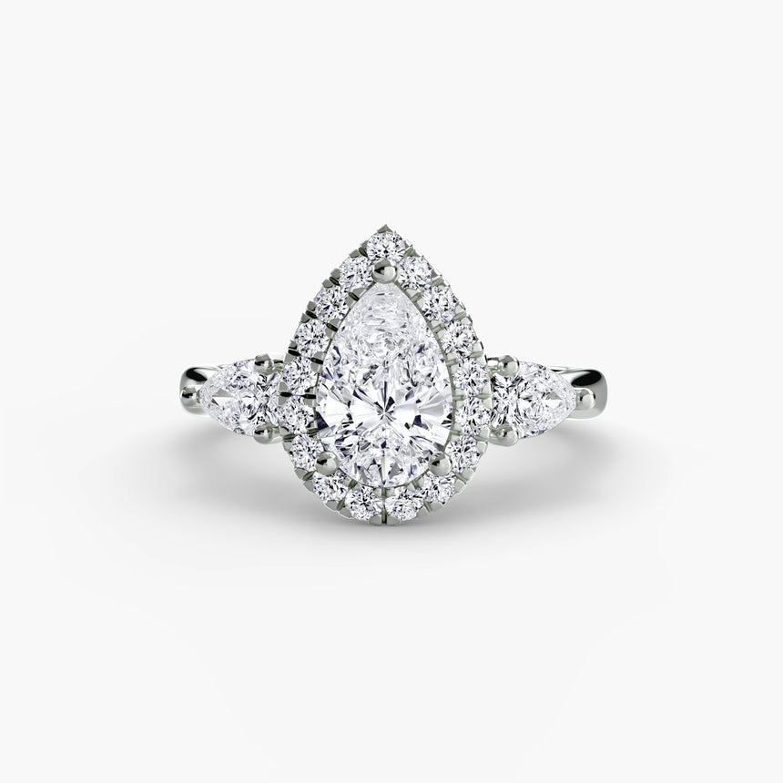 Pear halo three stone engagement ring setting | SARATTI