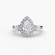 Platinum pear halo three stone ring mount | SARATTI