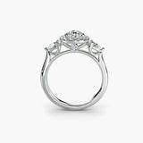 Three stone halo engagement ring mount with pavé band | SARATTI