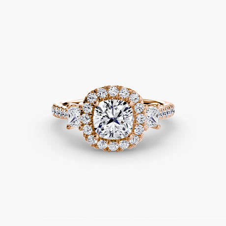 AUREX HALO – Cushion Cut Three-Stone Halo Diamond Ring Setting – Rose metal view | SARATTI