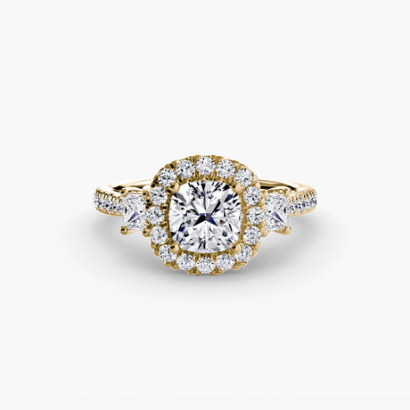 AUREX HALO – Cushion Cut Three-Stone Halo Diamond Ring Setting – Yellow metal view | SARATTI