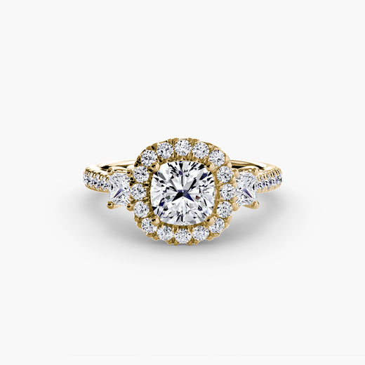 AUREX HALO – Cushion Cut Three-Stone Halo Diamond Ring Setting – Yellow metal view | SARATTI