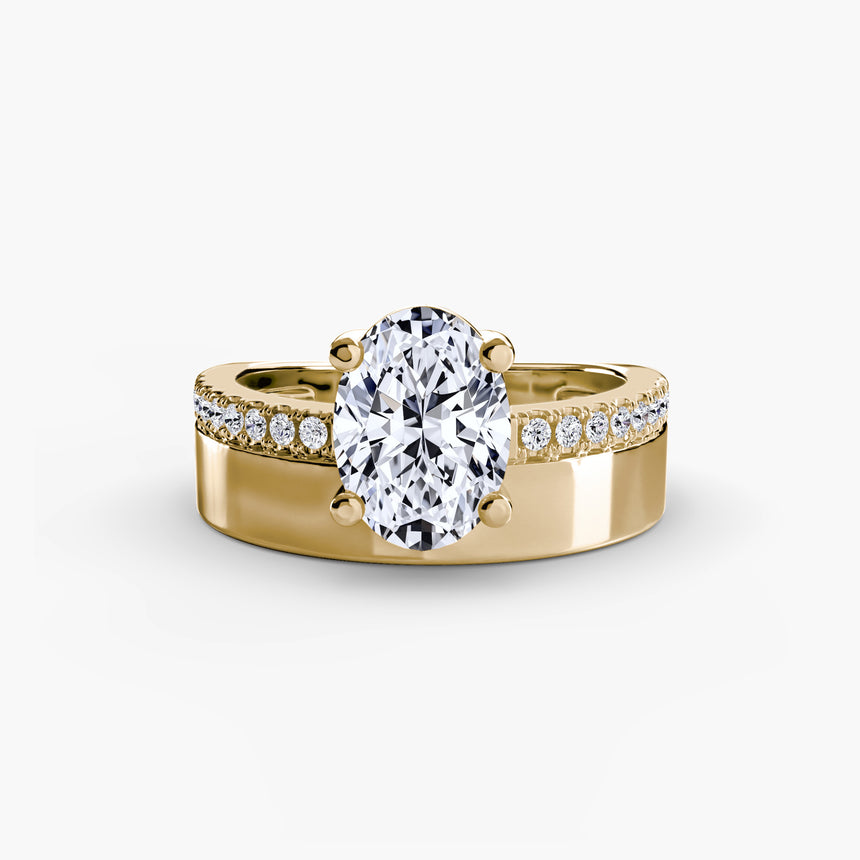 Oval wide band pavé diamond ring setting in yellow gold | SARATTI