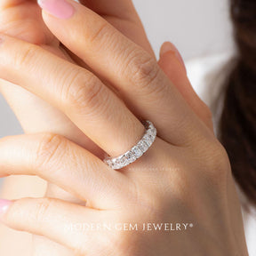 Half Eternity Radiant Cut Diamond Wedding Band In Platinum on Finger | Modern Gem Jewelry | Saratti 
