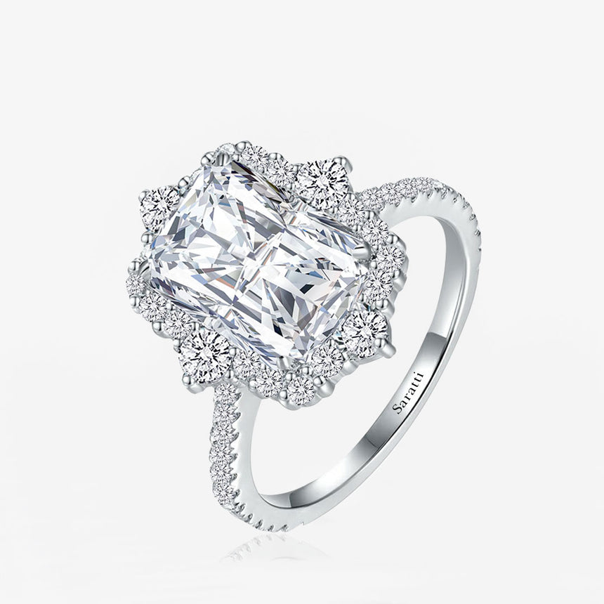 Radiant-Cut Diamond Floral Halo Ring in 18K White Gold | Saratti