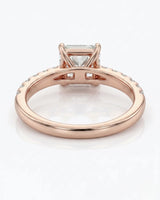 Radiant-cut diamond engagement ring with sparkling pavé shoulders in 18K rose gold for a modern proposal | SARATTI