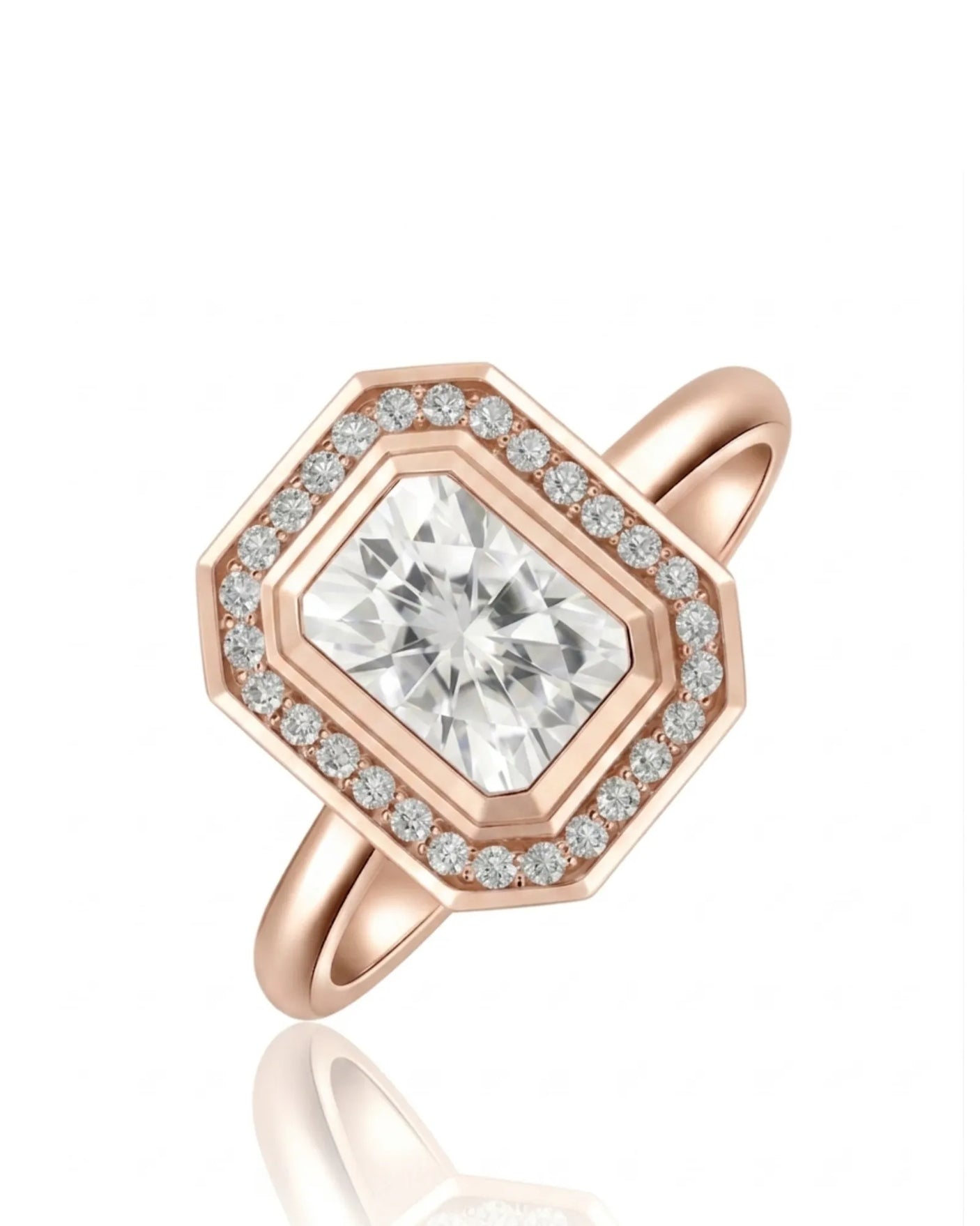 Radiant cut moissanite halo ring in 18K rose gold with geometric bezel-style frame | SARATTI