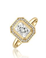 Radiant cut moissanite halo ring in 18K yellow gold with geometric bezel-style frame | SARATTI