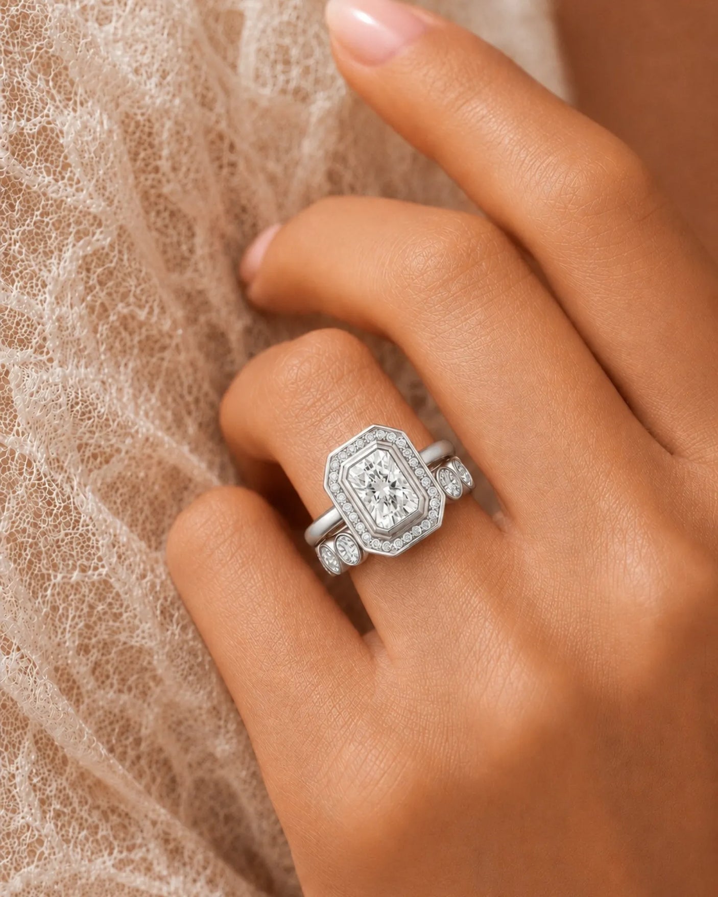 Radiant cut moissanite wedding set for a distinctive modern engagement crafted in platinum - SARATTI