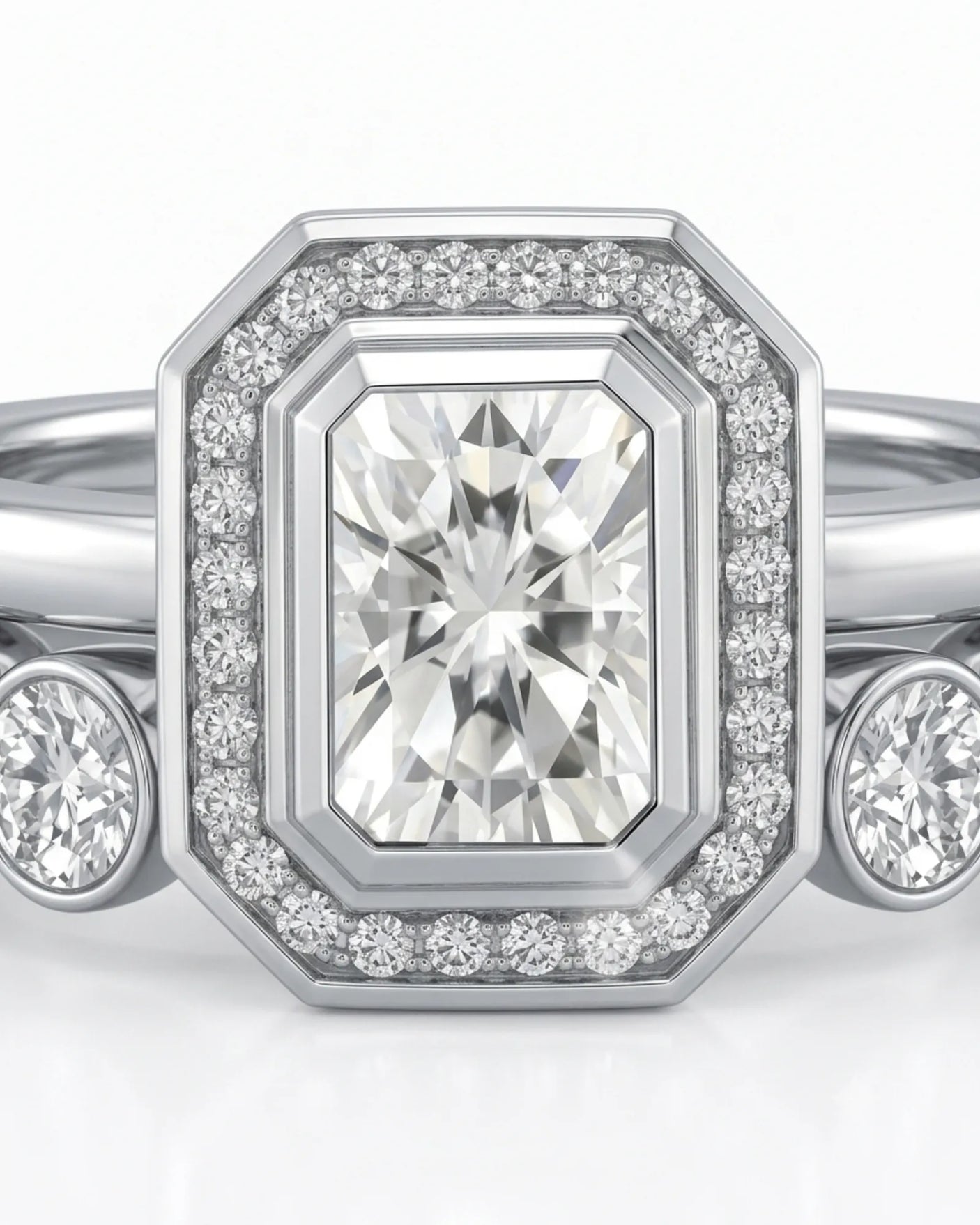 Radiant cut moissanite wedding set for a distinctive modern engagement crafted in platinum | SARATTI