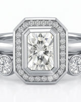 Radiant cut moissanite wedding set for a distinctive modern engagement crafted in platinum | SARATTI