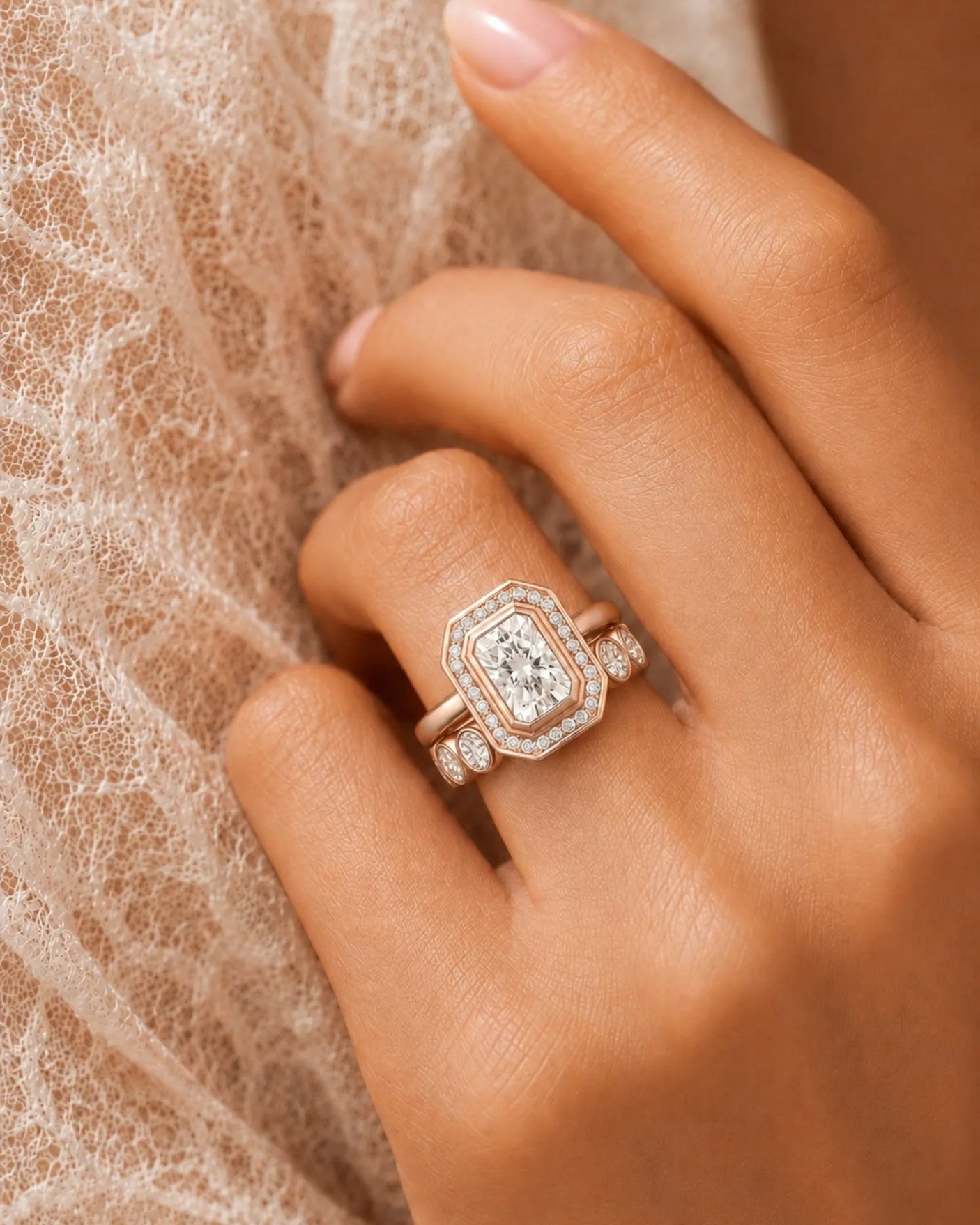 Radiant cut moissanite wedding set for a distinctive modern engagement in 18K rose gold - SARATTI