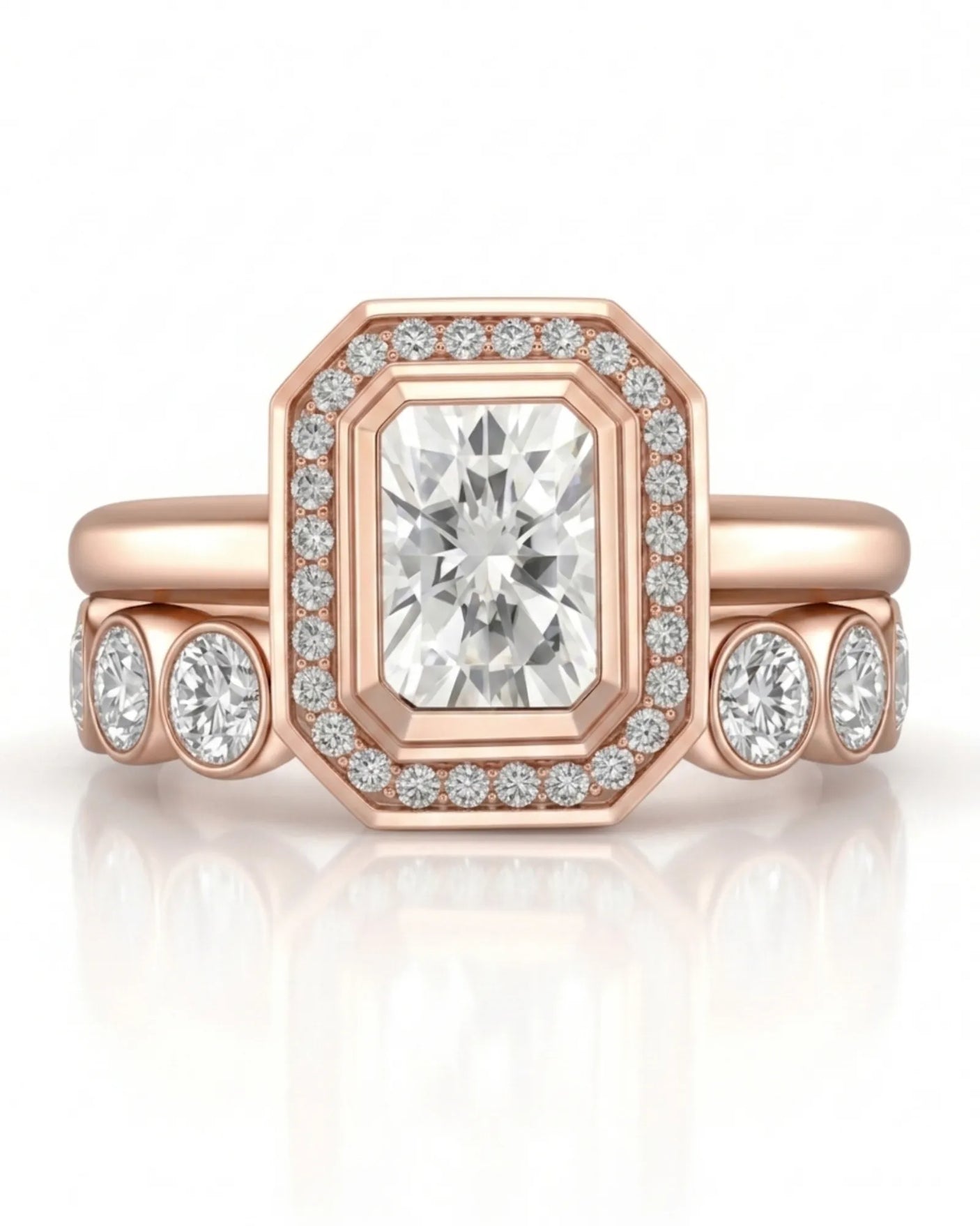 Radiant cut moissanite wedding set for a distinctive modern engagement in 18K rose gold | SARATTI