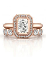 Radiant cut moissanite wedding set for a distinctive modern engagement in 18K rose gold | SARATTI