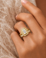 Radiant cut moissanite wedding set for a distinctive modern engagement in 18K yellow gold - SARATTI