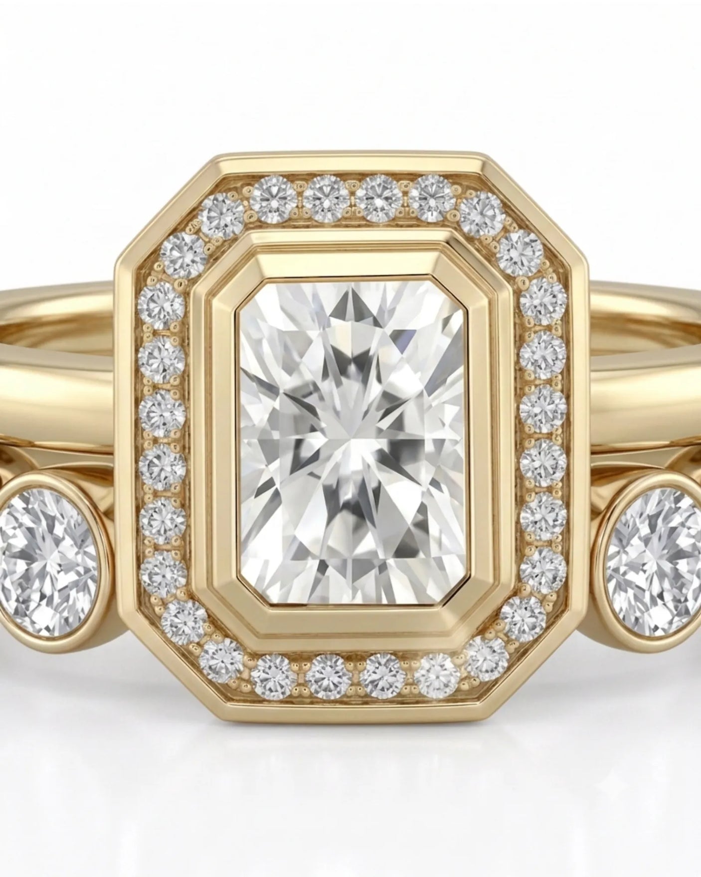 Radiant cut moissanite wedding set for a distinctive modern engagement in 18K yellow gold | SARATTI
