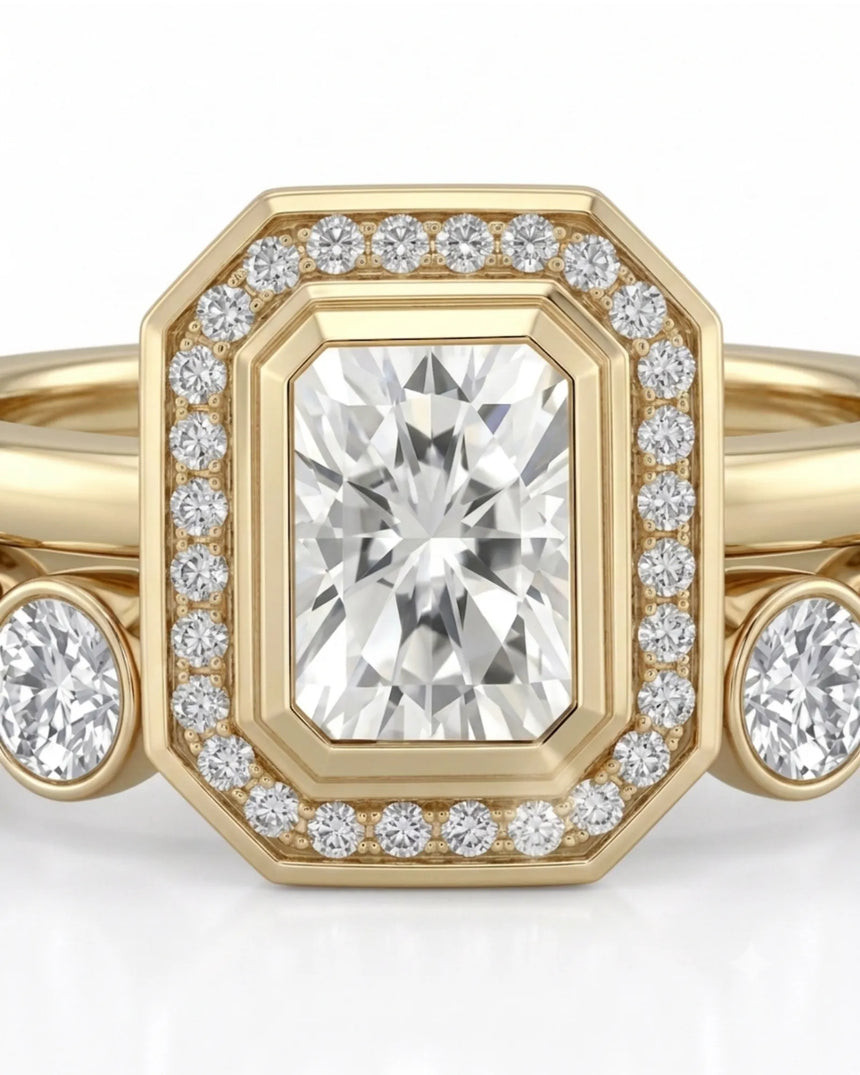 Radiant cut moissanite wedding set for a distinctive modern engagement in 18K yellow gold | SARATTI