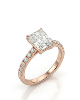 Radiant moissanite engagement ring with pavé side stones in rose gold | SARATTI