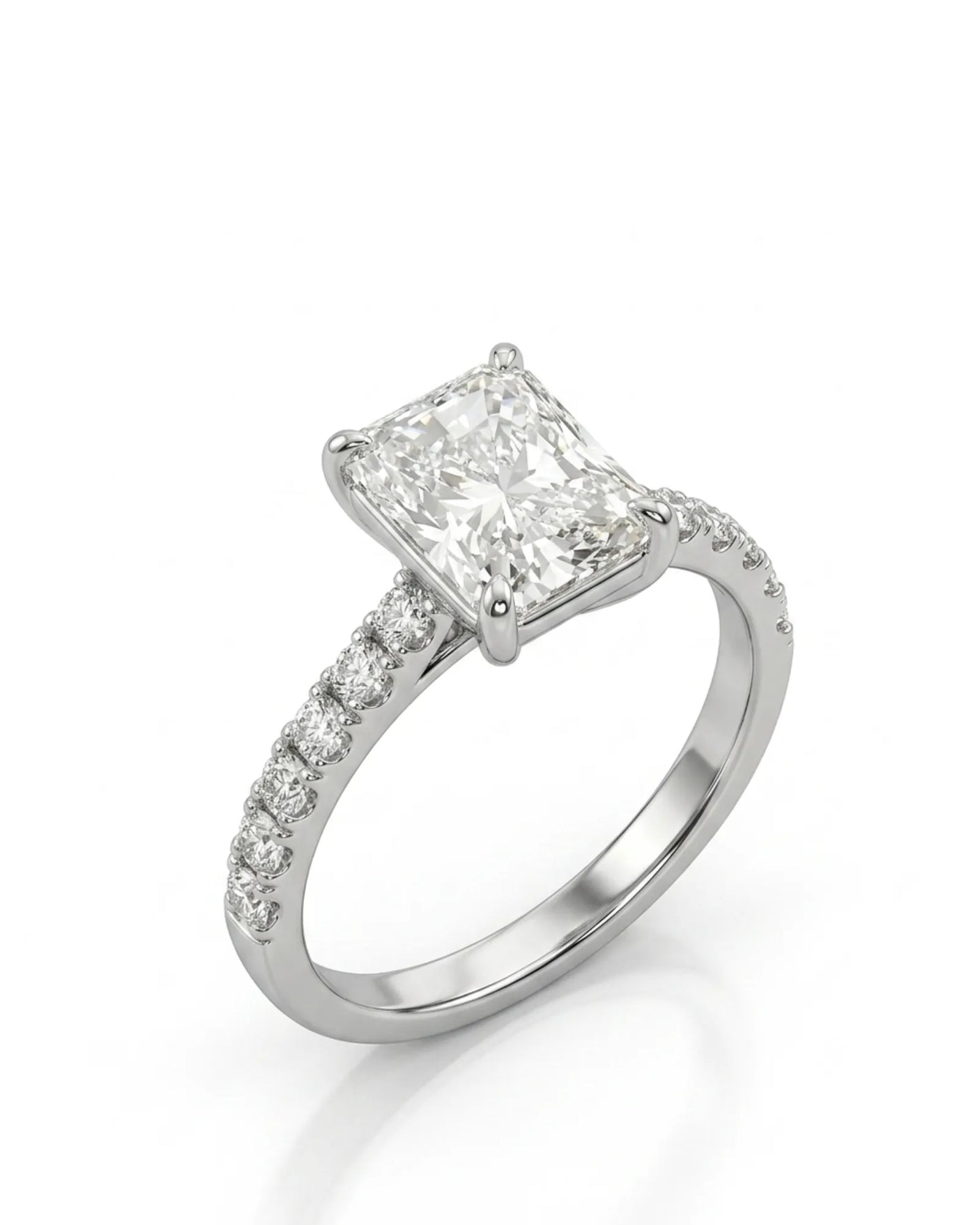 Radiant moissanite engagement ring with pavé side stones in white gold | SARATTI
