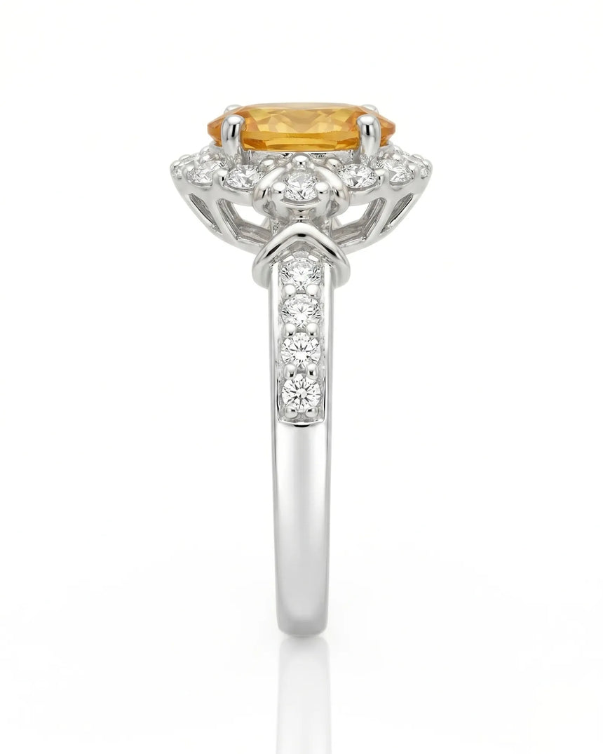 Radiant yellow sapphire ring with round diamond halo in polished platinum | SARATTI