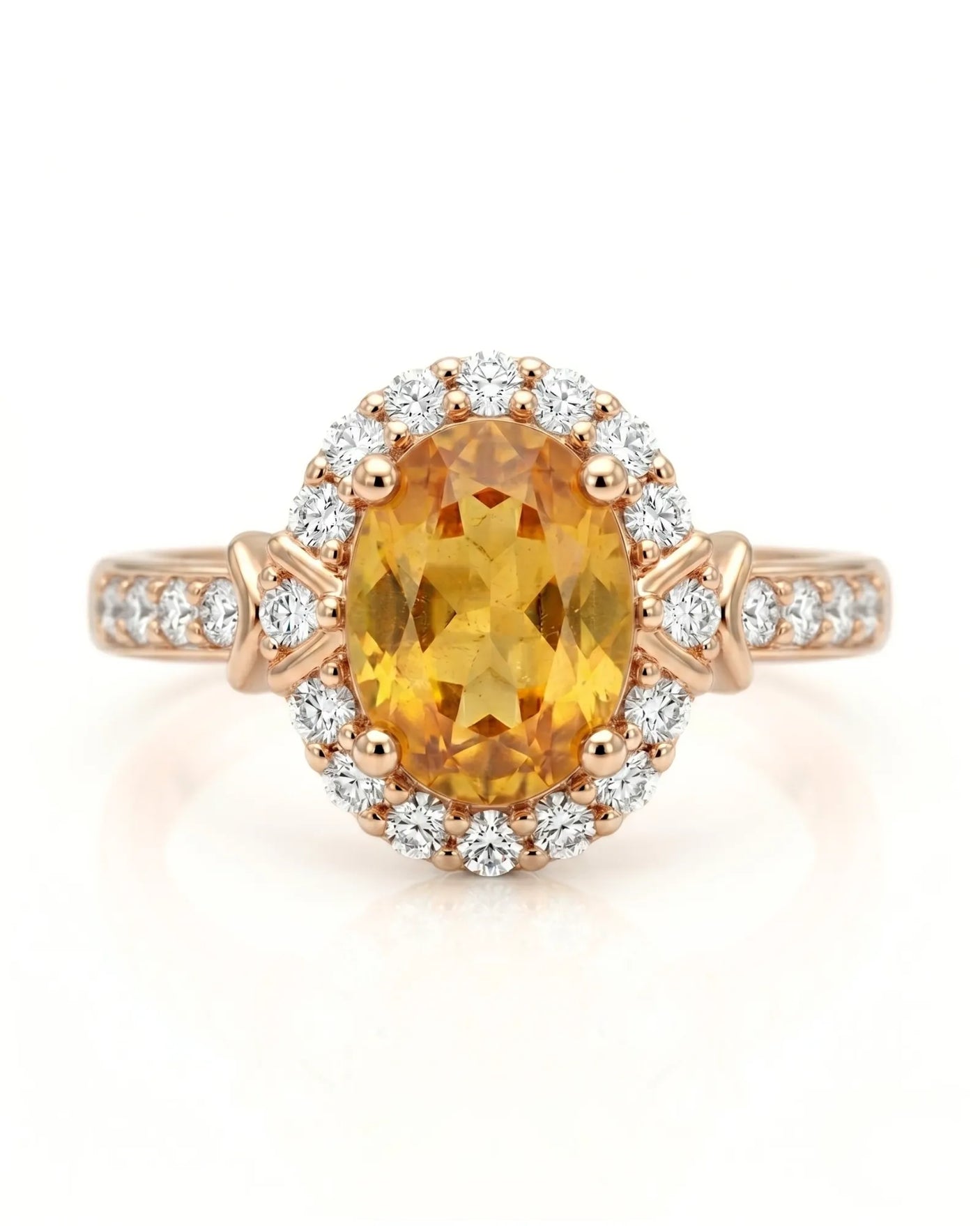 Radiant yellow sapphire ring with round diamond halo in romantic rose gold | SARATTI