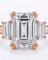 Rectangle moissanite ring with emerald side stones and polished rose gold band | SARATTI