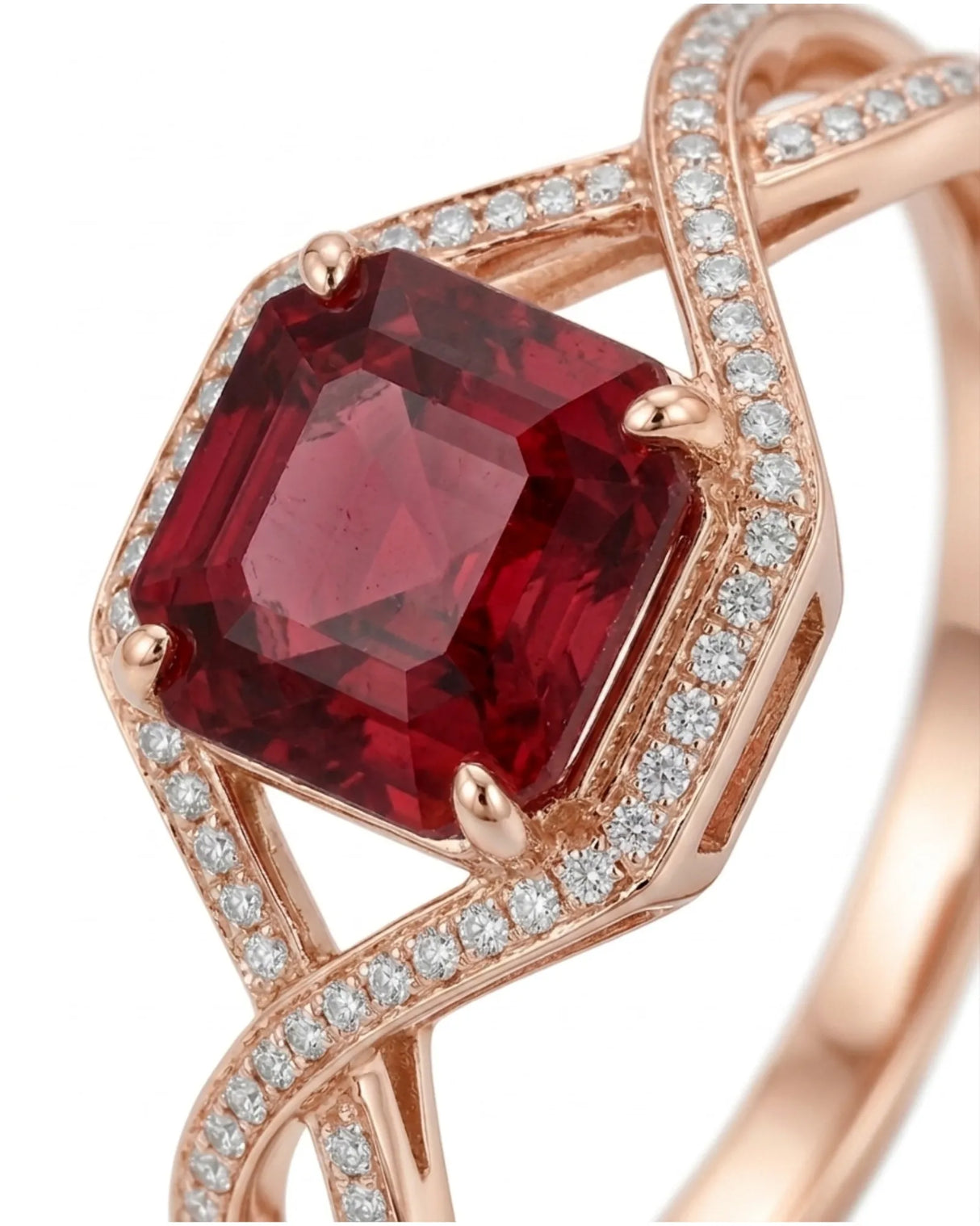 Red Asscher cut garnet ring with round brilliant diamond accents in 18K rose gold - SARATTI
