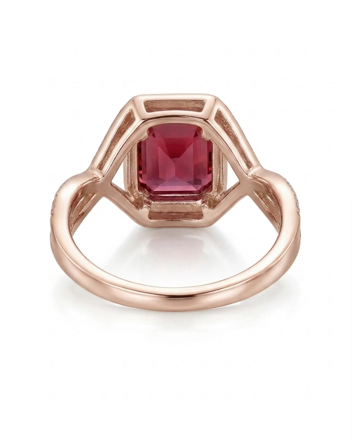 Red Asscher cut garnet ring with round brilliant diamond accents in 18K rose gold | SARATTI