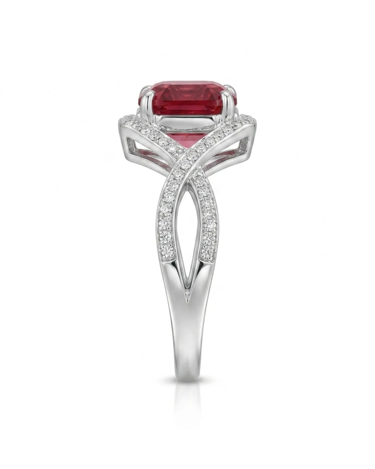 Red Asscher cut garnet ring with round brilliant diamond accents in platinum | SARATTI