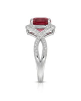 Red Asscher cut garnet ring with round brilliant diamond accents in platinum | SARATTI
