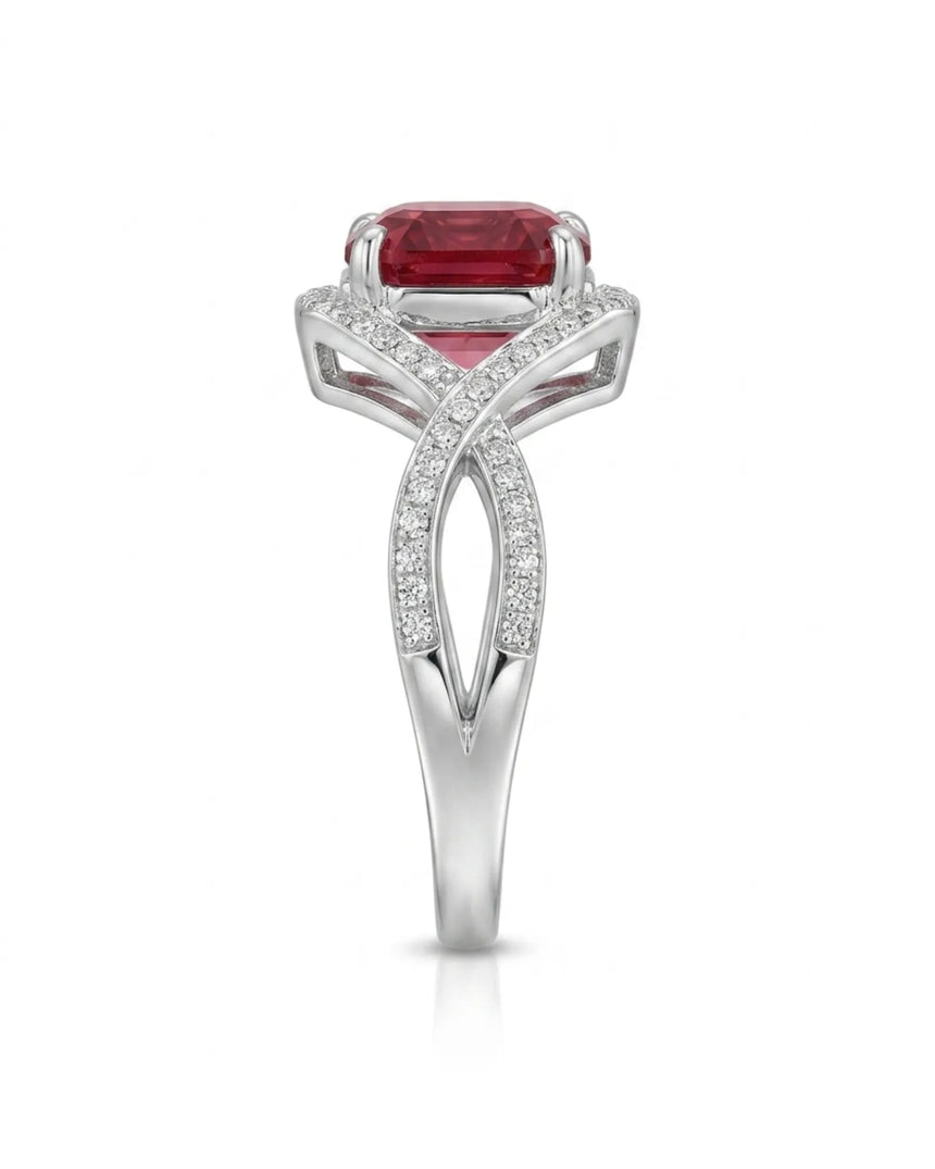 Red Asscher cut garnet ring with round brilliant diamond accents in platinum | SARATTI