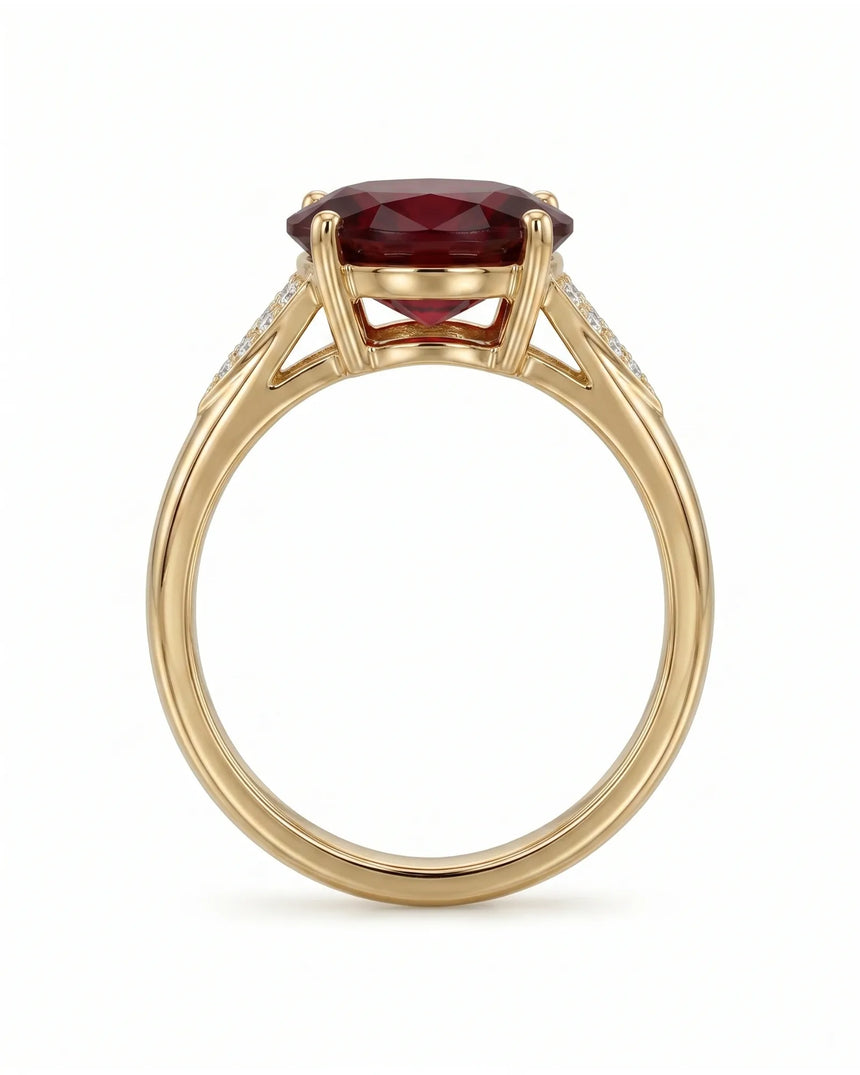 Red garnet engagement ring with tapered diamond shoulders in 18K yellow gold | SARATTI