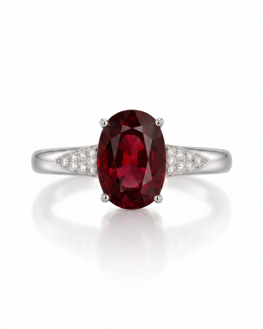 Red garnet engagement ring with tapered diamond shoulders in premium platinum | SARATTI
