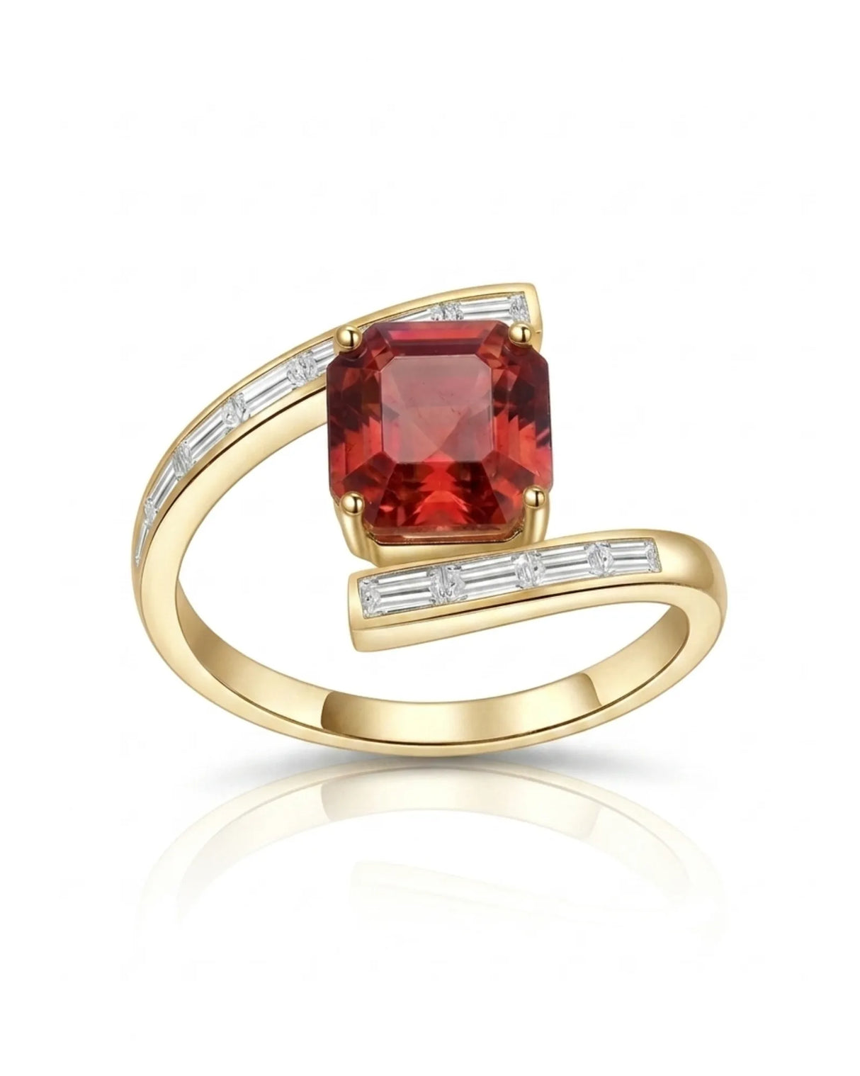 Red tourmaline engagement ring with curved baguette diamond band in 18K yellow gold | SARATTI