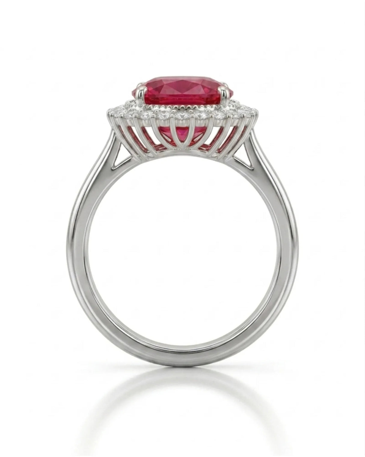 Red tourmaline engagement ring with ornate diamond halo in 18K white gold | SARATTI