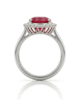 Red tourmaline engagement ring with ornate diamond halo in 18K white gold | SARATTI