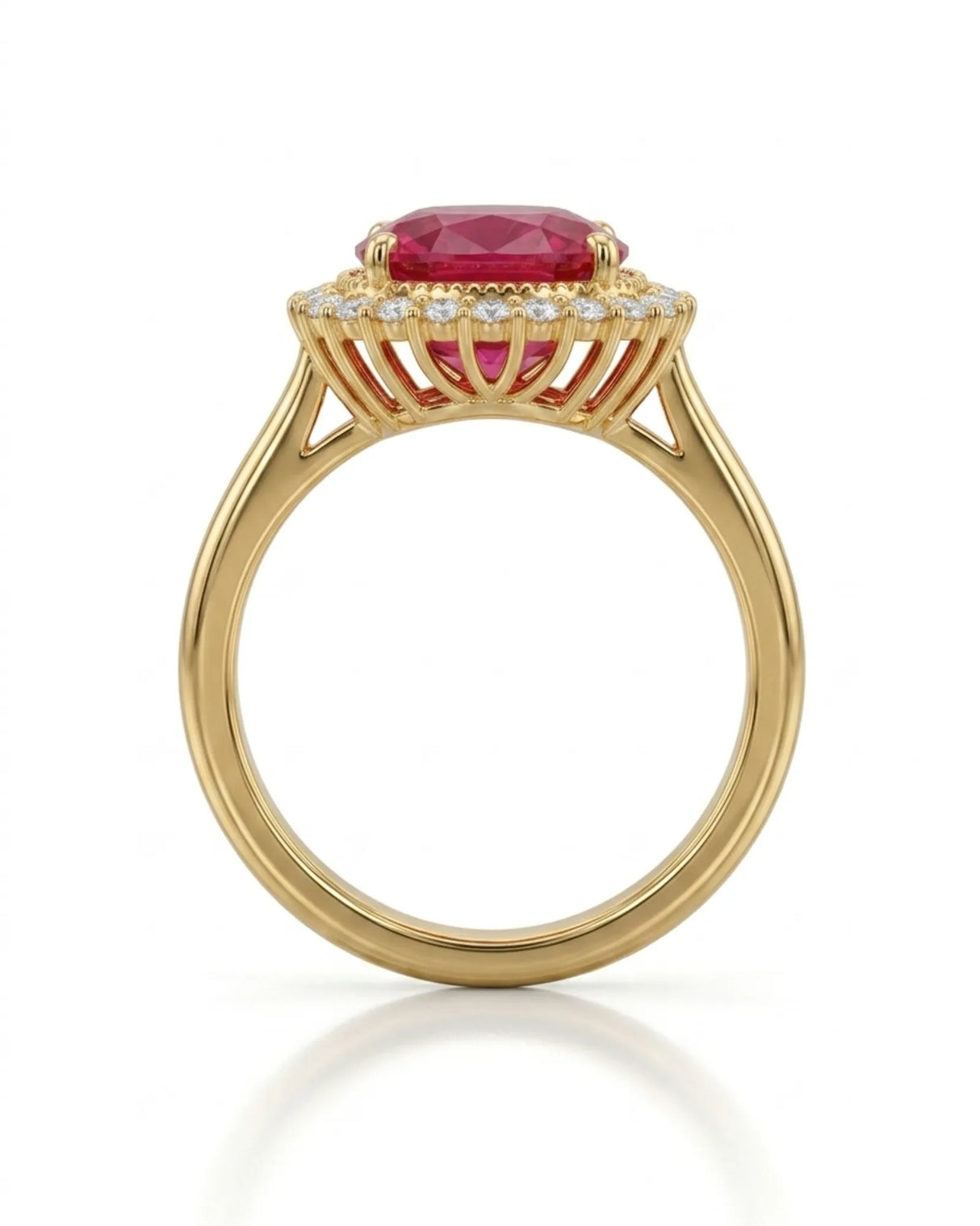Red tourmaline engagement ring with ornate diamond halo in 18K yellow gold | SARATTI