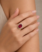 Red tourmaline engagement ring with round diamond double halo in 18K rose gold | SARATTI