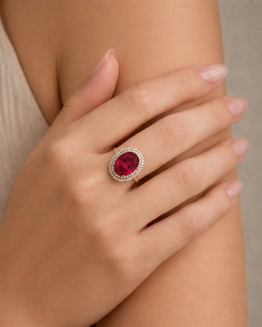Red tourmaline engagement ring with round diamond double halo in 18K rose gold | SARATTI