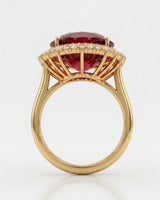 Red tourmaline engagement ring with round diamond double halo in 18K yellow gold | SARATTI
