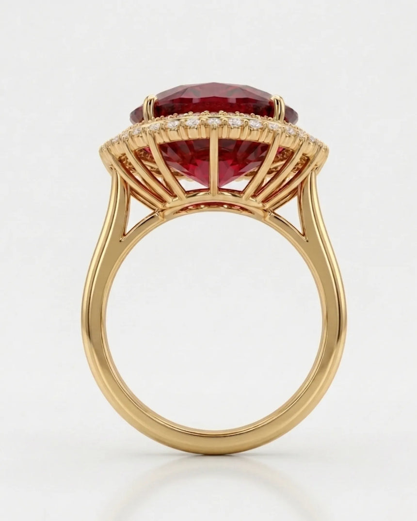 Red tourmaline engagement ring with round diamond double halo in 18K yellow gold | SARATTI