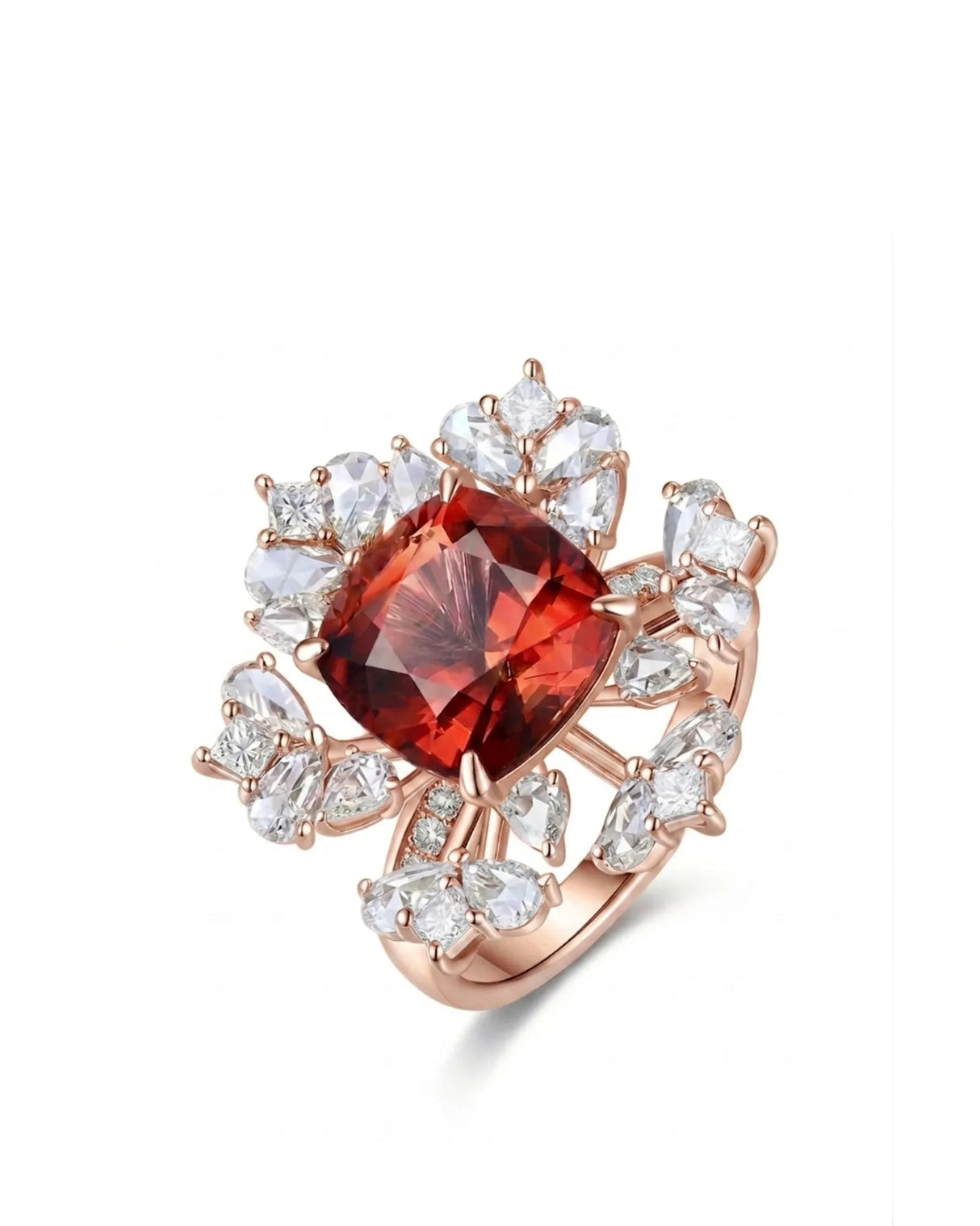Red tourmaline ring with cushion center stone and rose cut diamonds in 18K rose gold | SARATTI