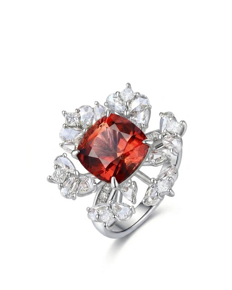 Red tourmaline ring with cushion center stone and rose cut diamonds in 18K white gold | SARATTI