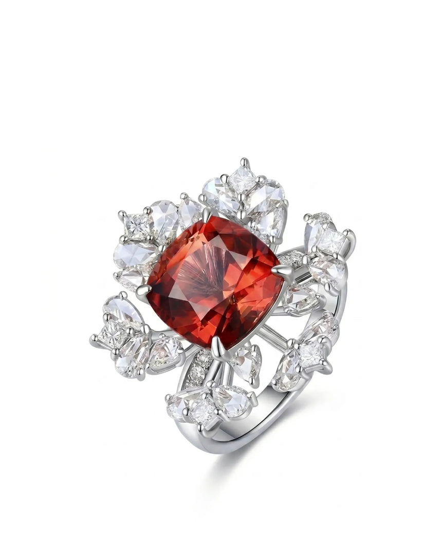Red tourmaline ring with cushion center stone and rose cut diamonds in 18K white gold | SARATTI