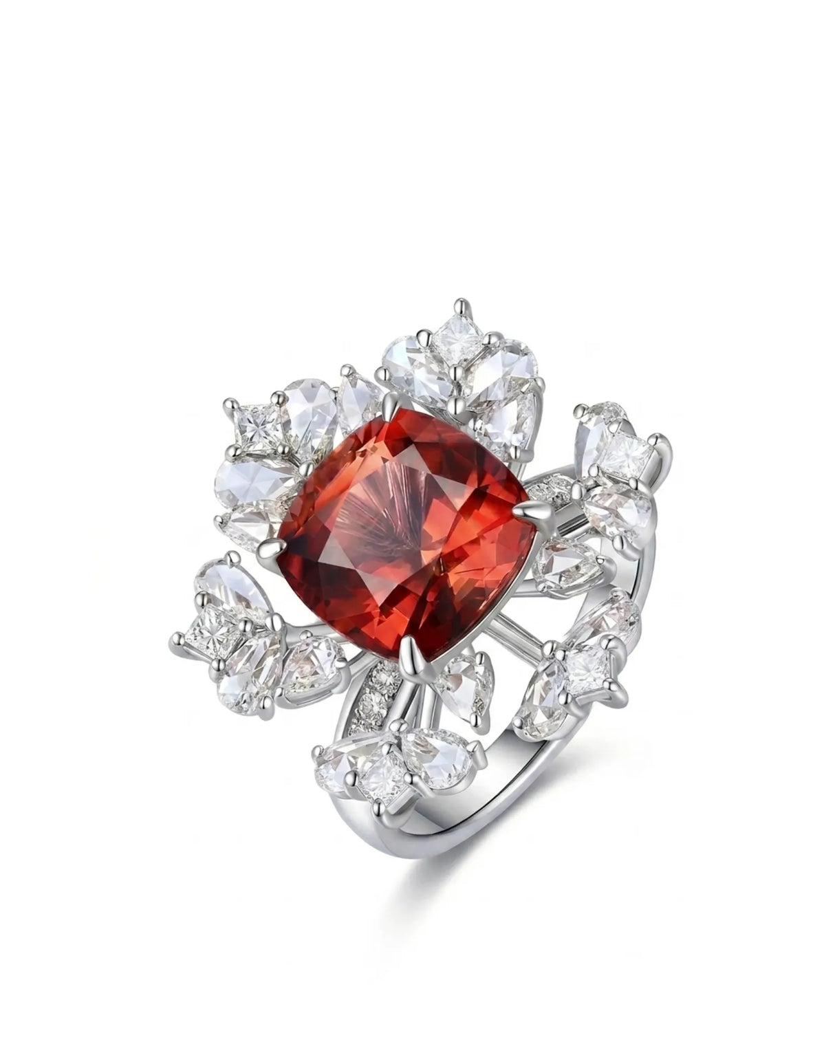 Red tourmaline ring with cushion center stone and rose cut diamonds in polished platinum | SARATTI