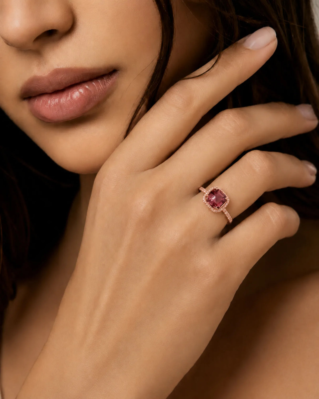 Red tourmaline ring with diamond halo and pavé band in 18K rose gold | SARATTI