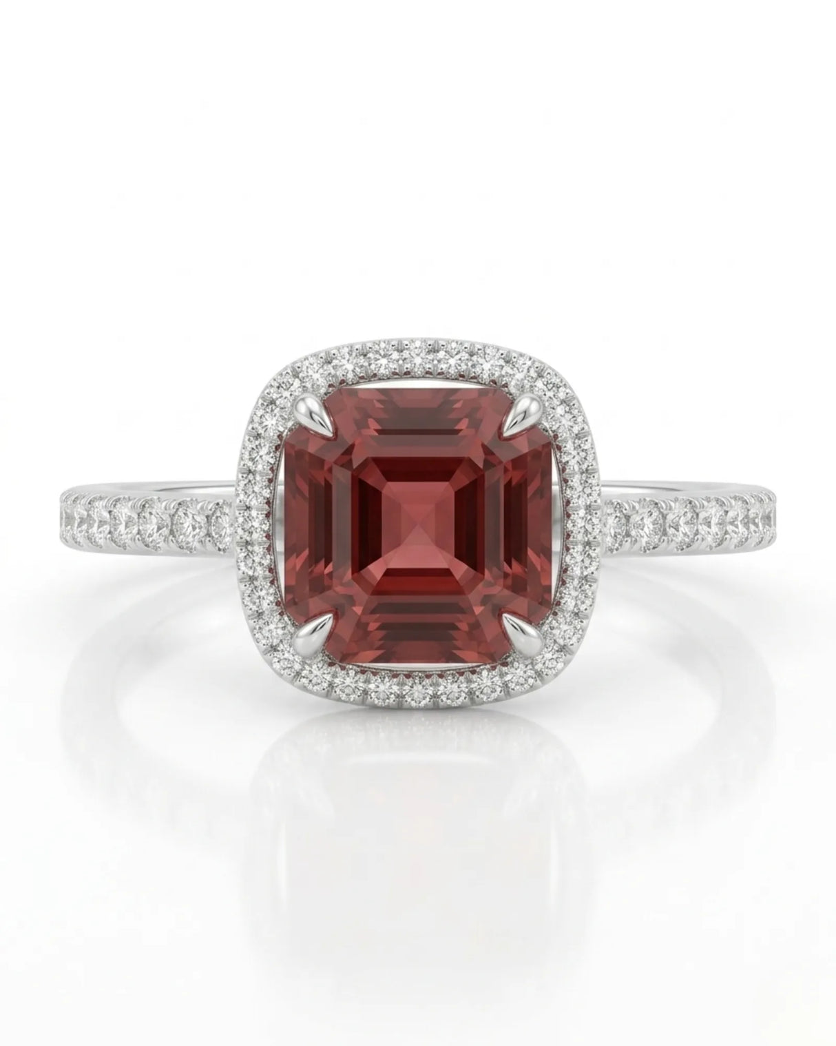 Red tourmaline ring with diamond halo and pavé band in 18K white gold | SARATTI